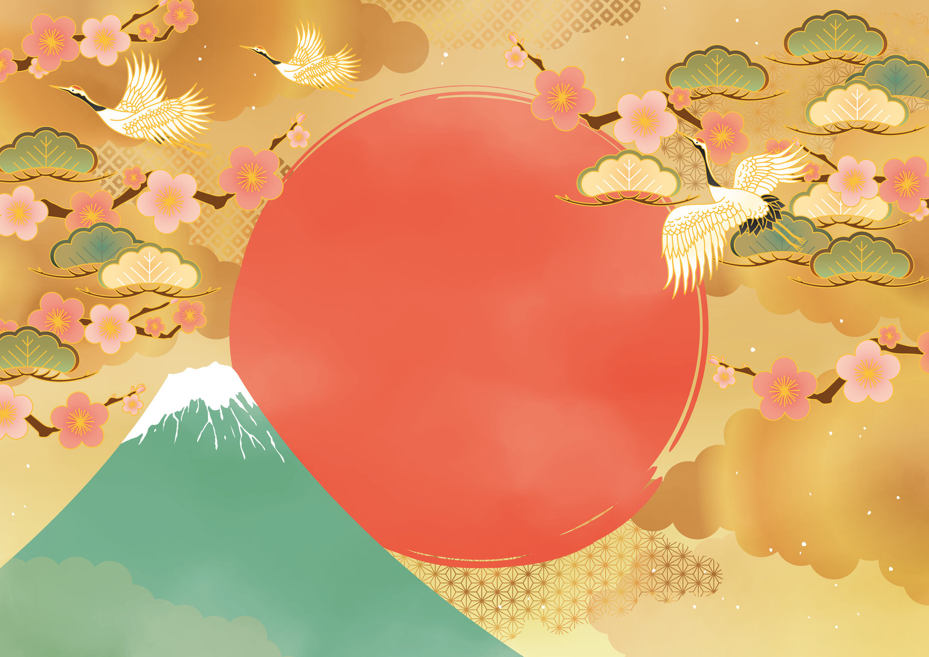 Japanese Pattern New Year Background with Fuji Ume and Crane - 雙和醫院健康檢查中心 | 台北健檢 | 全身健檢 | 勞工體檢